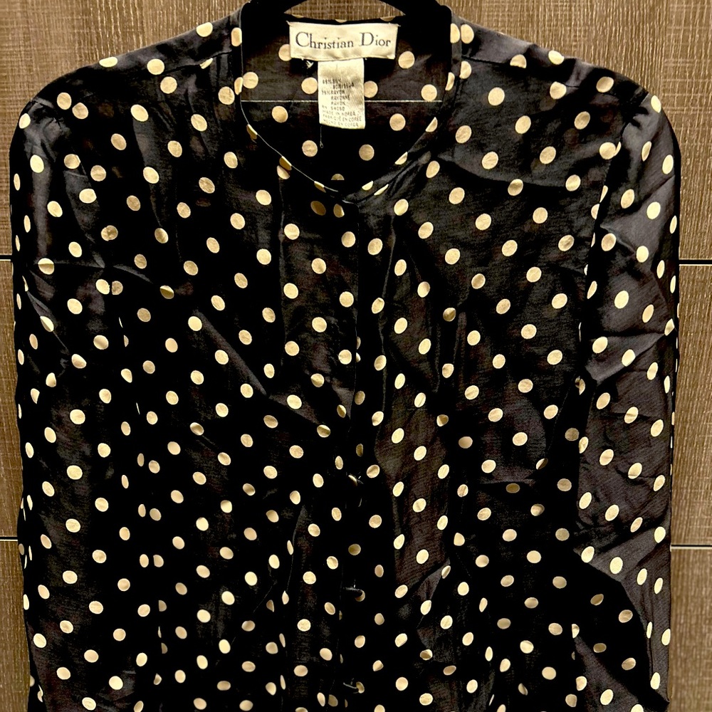 Vintage Christian Dior 65% silk polka dot button up top with closure buttons.